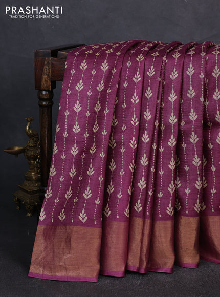 Pure tussar silk saree purple with allover prints and zari woven border