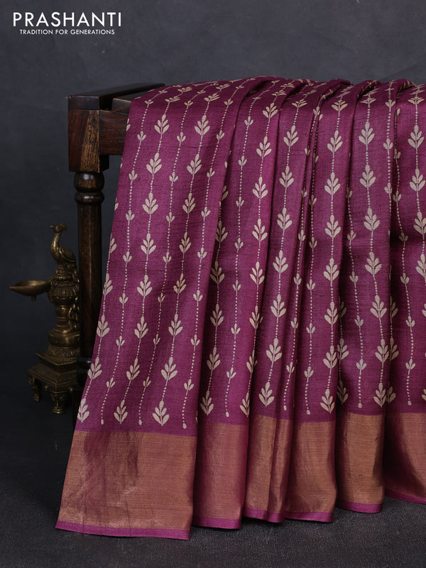 Pure tussar silk saree purple with allover prints and zari woven border