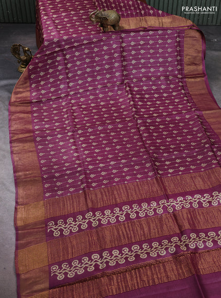 Pure tussar silk saree purple with allover prints and zari woven border