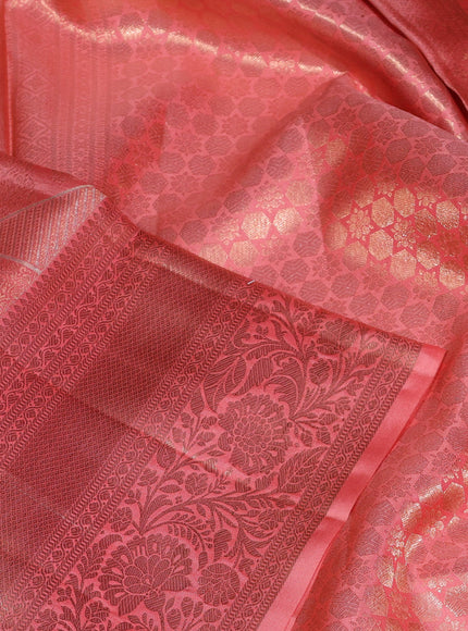 Pure kanchipuram silk saree peach orange with allover zari woven brocade weaves and long rich zari woven border