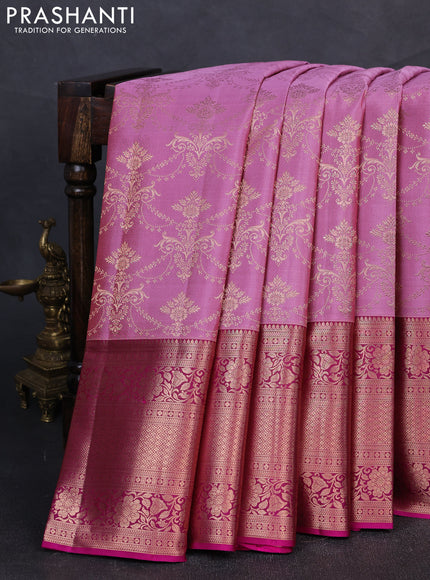 Pure kanchipuram silk saree mauve pink and magenta pink with allover zari woven brocade weaves and long rich zari woven border