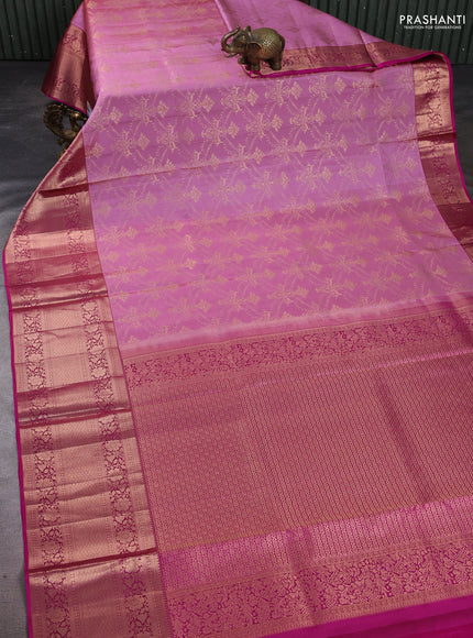 Pure kanchipuram silk saree mauve pink and magenta pink with allover zari woven brocade weaves and long rich zari woven border