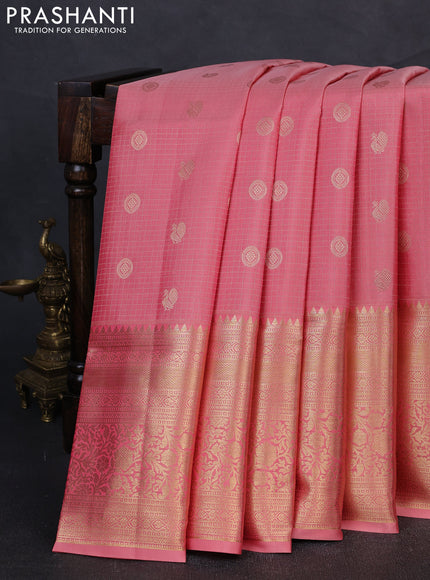 Pure kanchipuram silk saree mild peach pink with allover zari woven brocade weaves and long zari woven border