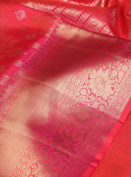 Pure kanchipuram silk saree dual shade of pinkish orange with allover zari woven brocade weaves and rich zari woven border