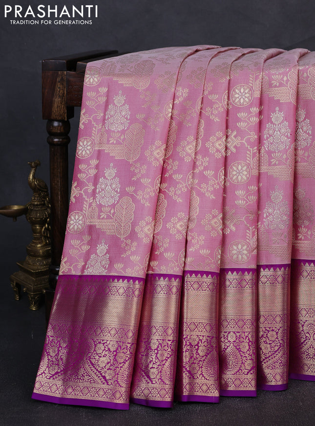 Pure kanchipuram silk saree pastel pink and purple with allover zari woven brocade weaves and rich zari woven border
