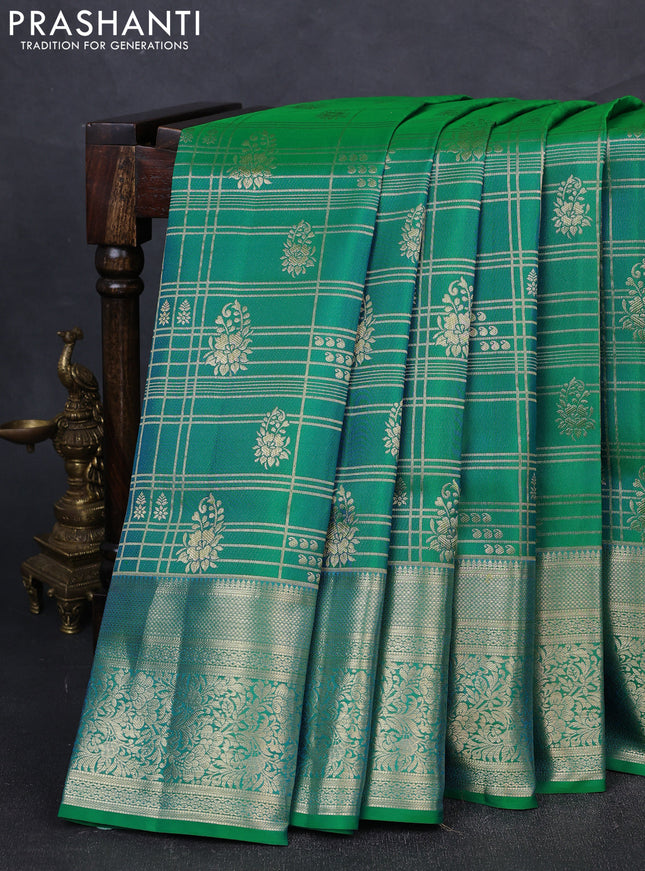 Pure kanchipuram silk saree dual shade of teal bluish green with allover zari woven brocade weaves and rich zari woven border
