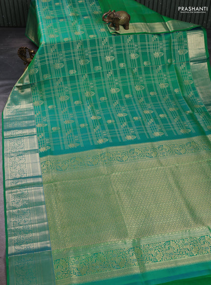 Pure kanchipuram silk saree dual shade of teal bluish green with allover zari woven brocade weaves and rich zari woven border