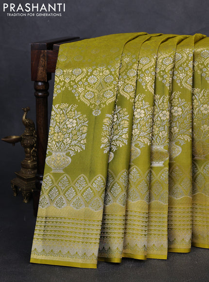 Pure kanchipuram silk saree mehendi green with allover zari woven brocade weaves and long rich zari woven border