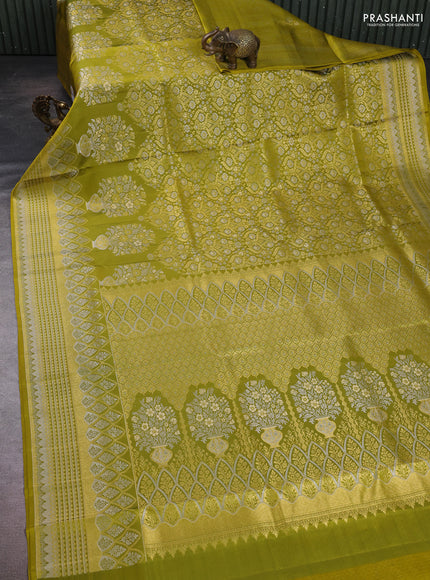 Pure kanchipuram silk saree mehendi green with allover zari woven brocade weaves and long rich zari woven border