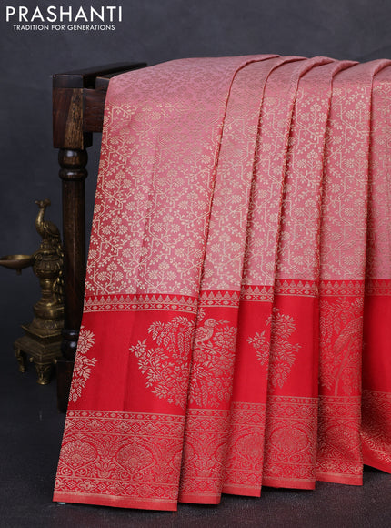 Pure kanchipuram silk saree dark peach and red with allover zari woven brocade weaves and long rich zari woven border