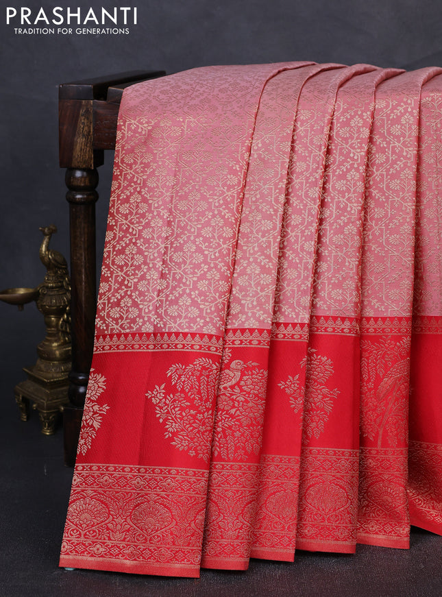 Pure kanchipuram silk saree dark peach and red with allover zari woven brocade weaves and long rich zari woven border
