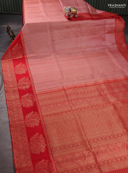 Pure kanchipuram silk saree dark peach and red with allover zari woven brocade weaves and long rich zari woven border