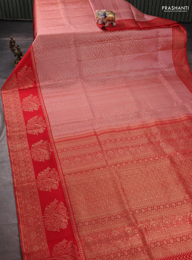 Pure kanchipuram silk saree dark peach and red with allover zari woven brocade weaves and long rich zari woven border