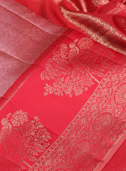 Pure kanchipuram silk saree dark peach and red with allover zari woven brocade weaves and long rich zari woven border
