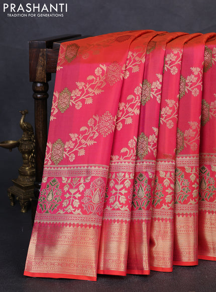 Pure kanchipuram silk saree dual shade of pinkish orange with allover zari woven brocade weaves and rich zari woven border
