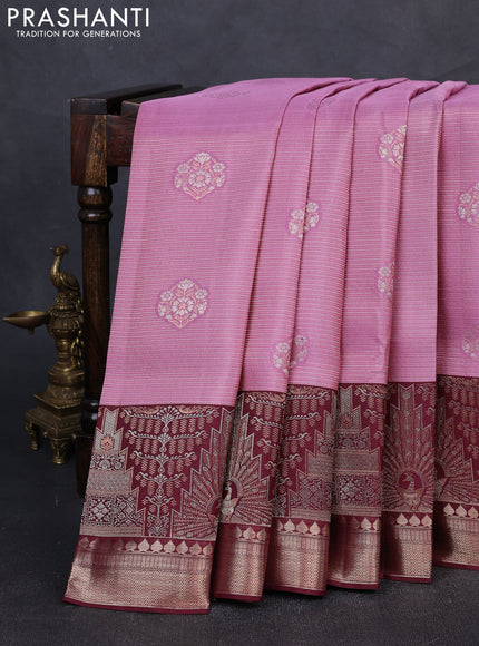 Pure kanchipuram silk saree mauve pink and coffee brown with allover zari woven brocade weaves and long rich zari woven border