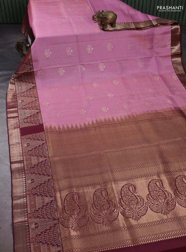 Pure kanchipuram silk saree mauve pink and coffee brown with allover zari woven brocade weaves and long rich zari woven border