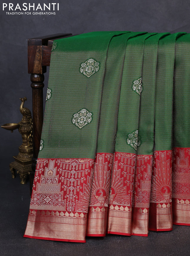 Pure kanchipuram silk saree green and maroon with allover zari woven brocade weaves and long rich zari woven border