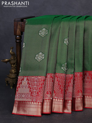 Pure kanchipuram silk saree green and maroon with allover zari woven brocade weaves and long rich zari woven border