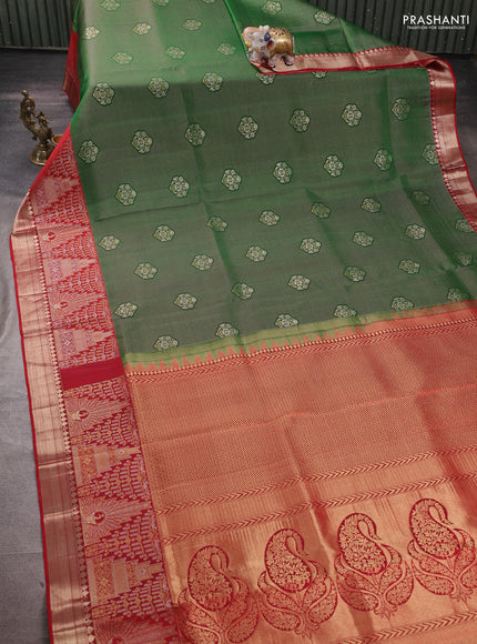 Pure kanchipuram silk saree green and maroon with allover zari woven brocade weaves and long rich zari woven border