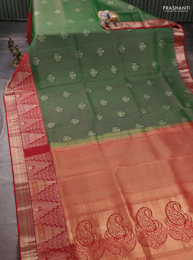 Pure kanchipuram silk saree green and maroon with allover zari woven brocade weaves and long rich zari woven border