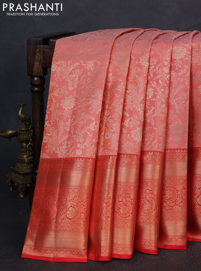 Pure kanchipuram silk saree peach orange and orange with allover zari woven brocade weaves and long rich zari woven border
