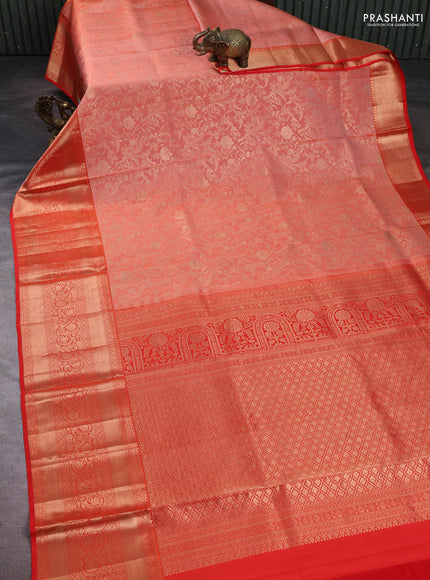 Pure kanchipuram silk saree peach orange and orange with allover zari woven brocade weaves and long rich zari woven border