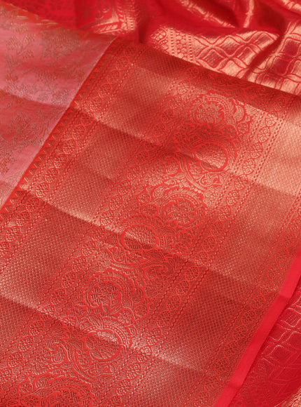 Pure kanchipuram silk saree peach orange and orange with allover zari woven brocade weaves and long rich zari woven border