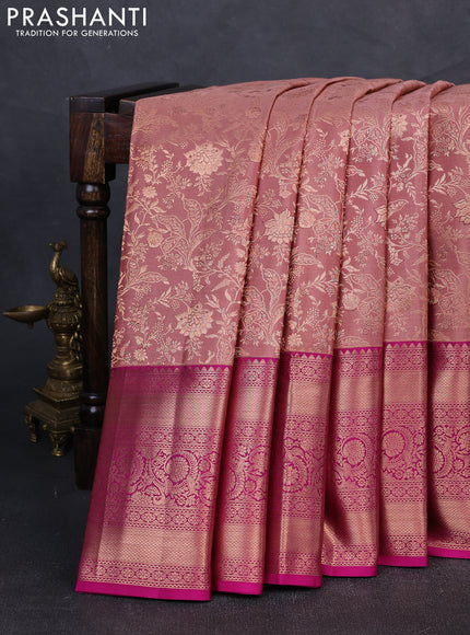 Pure kanchipuram silk saree pastel peach and magenta pink with allover zari woven brocade weaves and long rich zari woven border