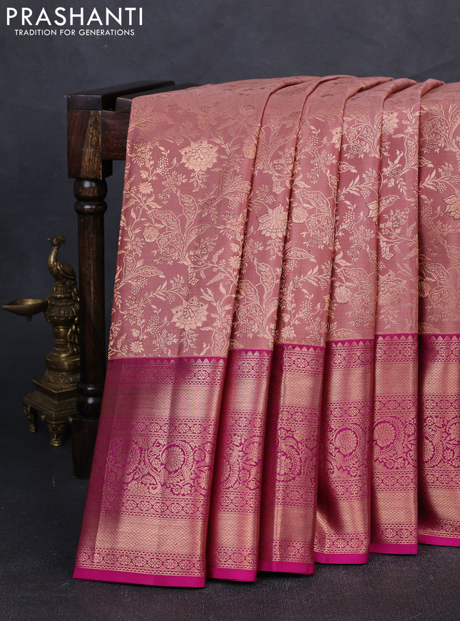 Pure kanchipuram silk saree pastel peach and magenta pink with allover zari woven brocade weaves and long rich zari woven border