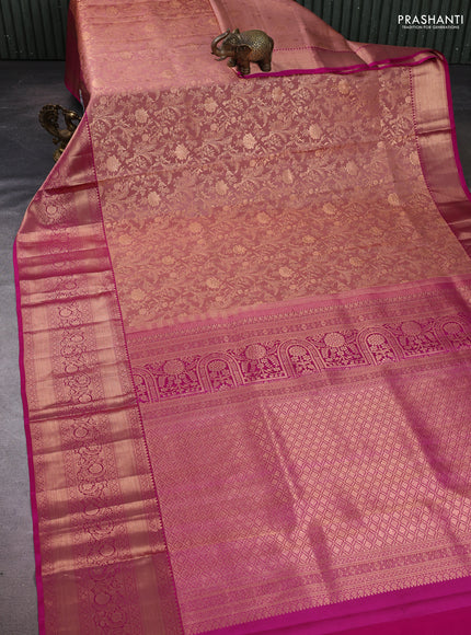 Pure kanchipuram silk saree pastel peach and magenta pink with allover zari woven brocade weaves and long rich zari woven border