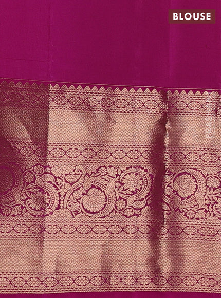 Pure kanchipuram silk saree pastel peach and magenta pink with allover zari woven brocade weaves and long rich zari woven border