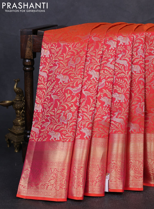 Pure kanchipuram silk saree dual shade of orange with allover zari woven vansingaram brocade weaves and rich zari woven border