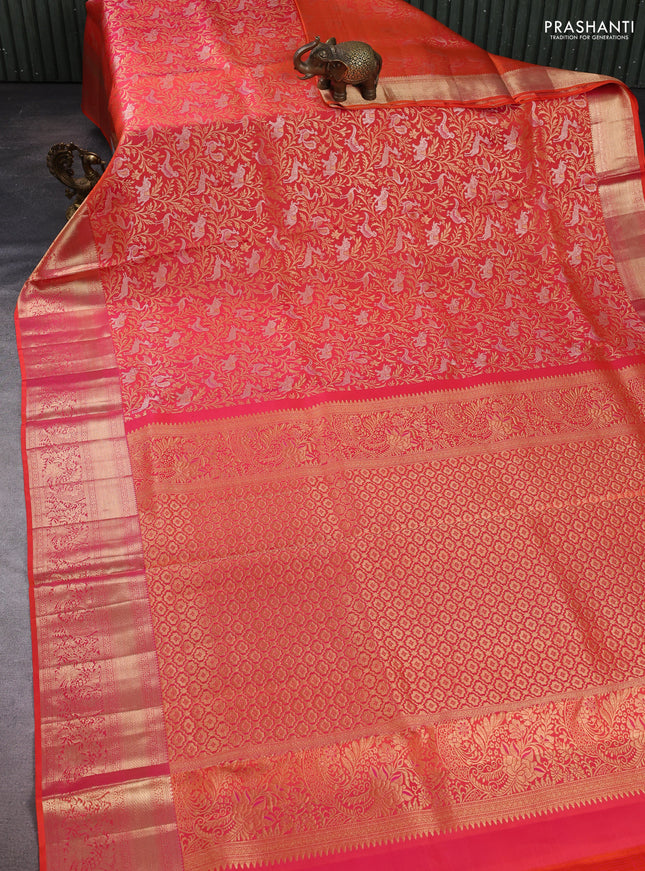 Pure kanchipuram silk saree dual shade of orange with allover zari woven vansingaram brocade weaves and rich zari woven border