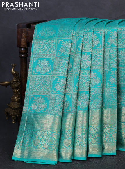 Pure kanchipuram silk saree teal green with allover zari woven brocade weaves and rich zari woven border