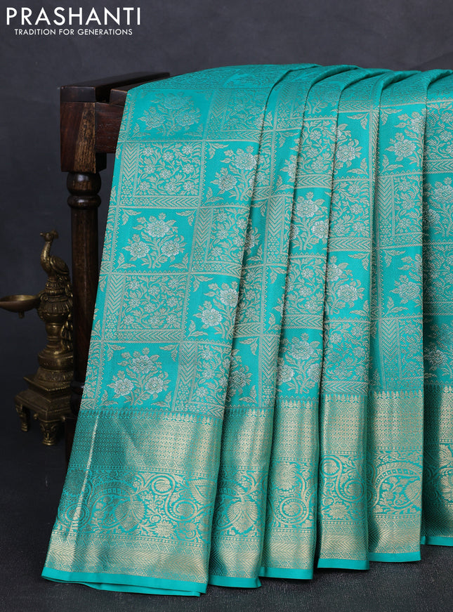 Pure kanchipuram silk saree teal green with allover zari woven brocade weaves and rich zari woven border