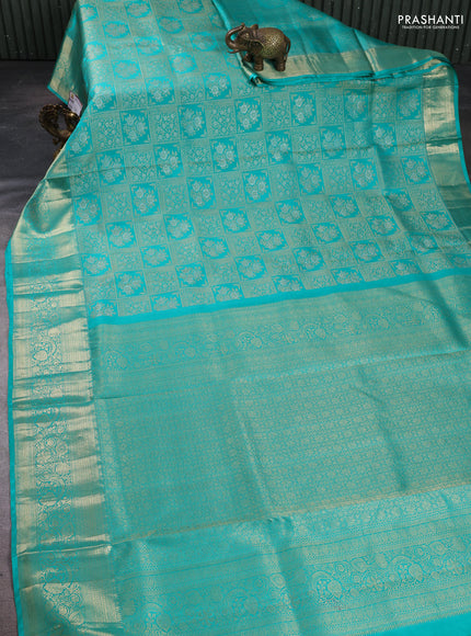 Pure kanchipuram silk saree teal green with allover zari woven brocade weaves and rich zari woven border