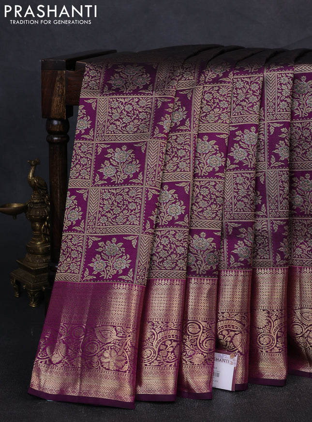 Pure kanchipuram silk saree purple with allover zari woven brocade weaves and rich zari woven border
