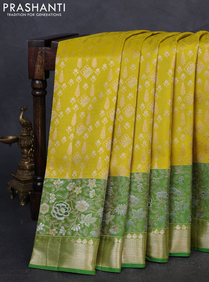 Pure kanchipuram silk saree lime yellow and green with allover zari woven brocade weaves and rich floral zari woven border