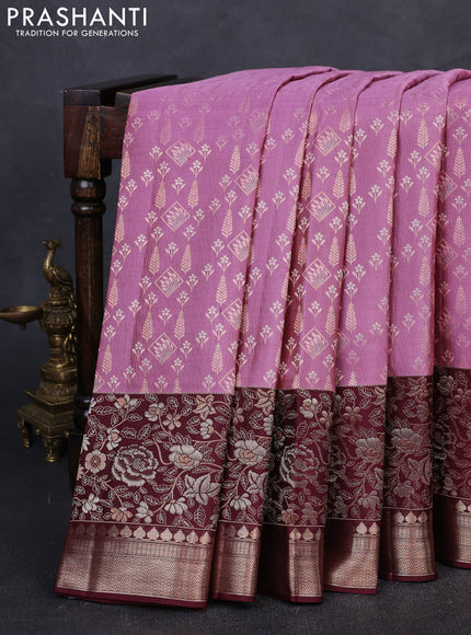Pure kanchipuram silk saree mauve pink and deep maroon with allover zari woven brocade weaves and rich floral zari woven border