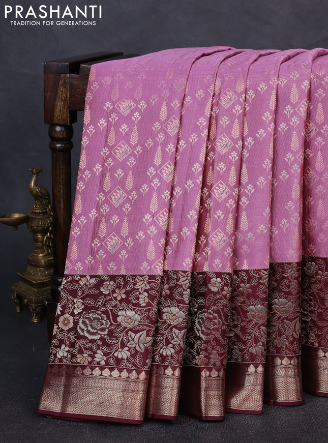Pure kanchipuram silk saree mauve pink and deep maroon with allover zari woven brocade weaves and rich floral zari woven border