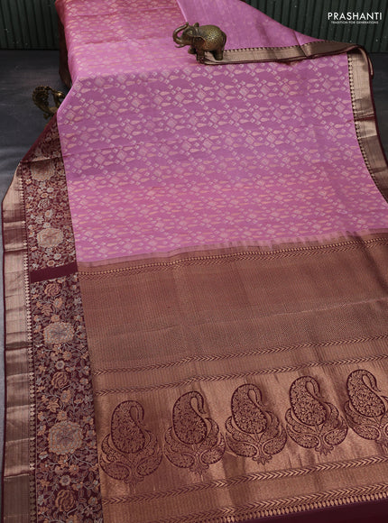Pure kanchipuram silk saree mauve pink and deep maroon with allover zari woven brocade weaves and rich floral zari woven border