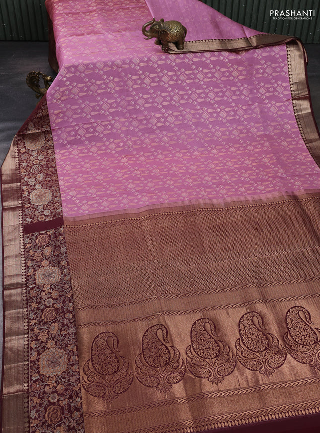 Pure kanchipuram silk saree mauve pink and deep maroon with allover zari woven brocade weaves and rich floral zari woven border