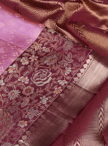 Pure kanchipuram silk saree mauve pink and deep maroon with allover zari woven brocade weaves and rich floral zari woven border