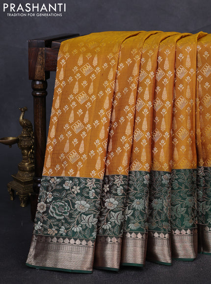 Pure kanchipuram silk saree dark mustard and bottle green with allover zari woven brocade weaves and rich floral zari woven border