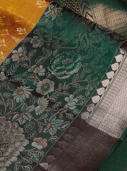 Pure kanchipuram silk saree dark mustard and bottle green with allover zari woven brocade weaves and rich floral zari woven border