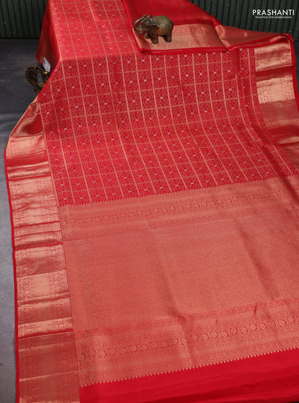 Pure kanchipuram silk saree red with allover zari woven brocade weaves and rich zari woven border