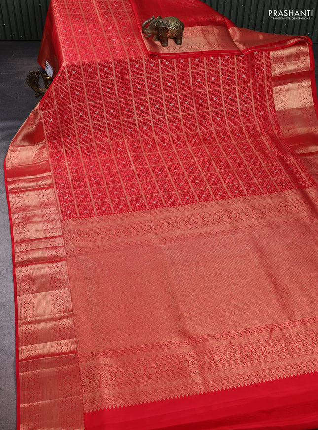 Pure kanchipuram silk saree red with allover zari woven brocade weaves and rich zari woven border