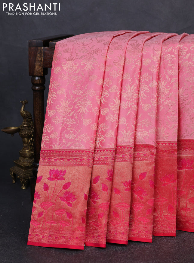 Pure kanchipuram silk saree peach shade and pink with allover zari woven brocade weaves and rich zari woven border