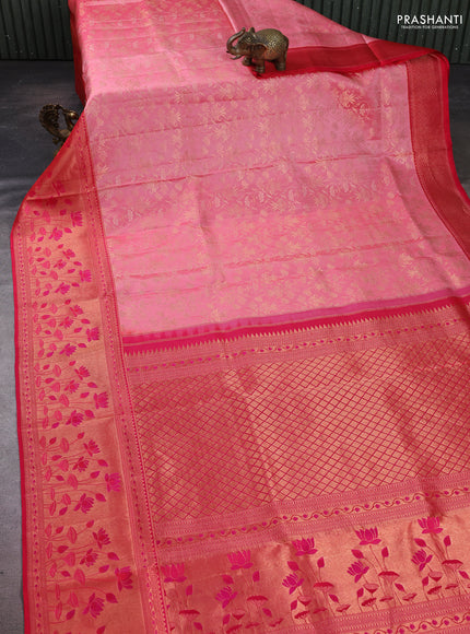 Pure kanchipuram silk saree peach shade and pink with allover zari woven brocade weaves and rich zari woven border